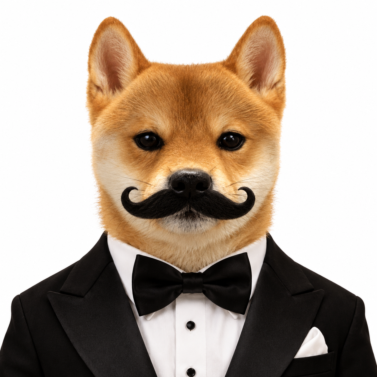 Shiba wearing a tuxedo and curled mustache